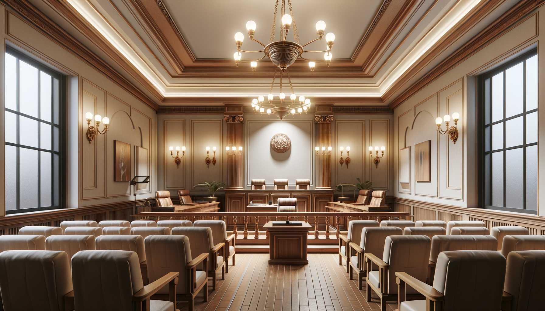 A formal courtroom with rows of white chairs facing a judge's bench and court officials' desks, ornate lighting fixtures, large windows, and decorated walls.
