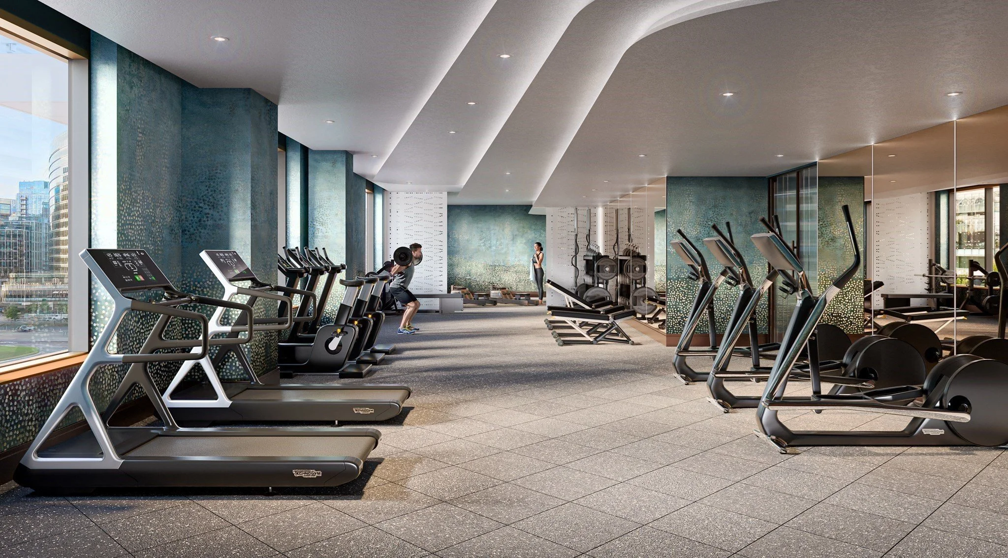 Modern high-rise gym with treadmills, elliptical machines, weights, and people exercising near floor-to-ceiling windows