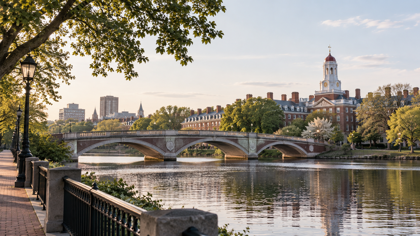Harvard University campus overlooking the Charles River, with historic Harvard Bridge and Memorial Hall tower at sunset