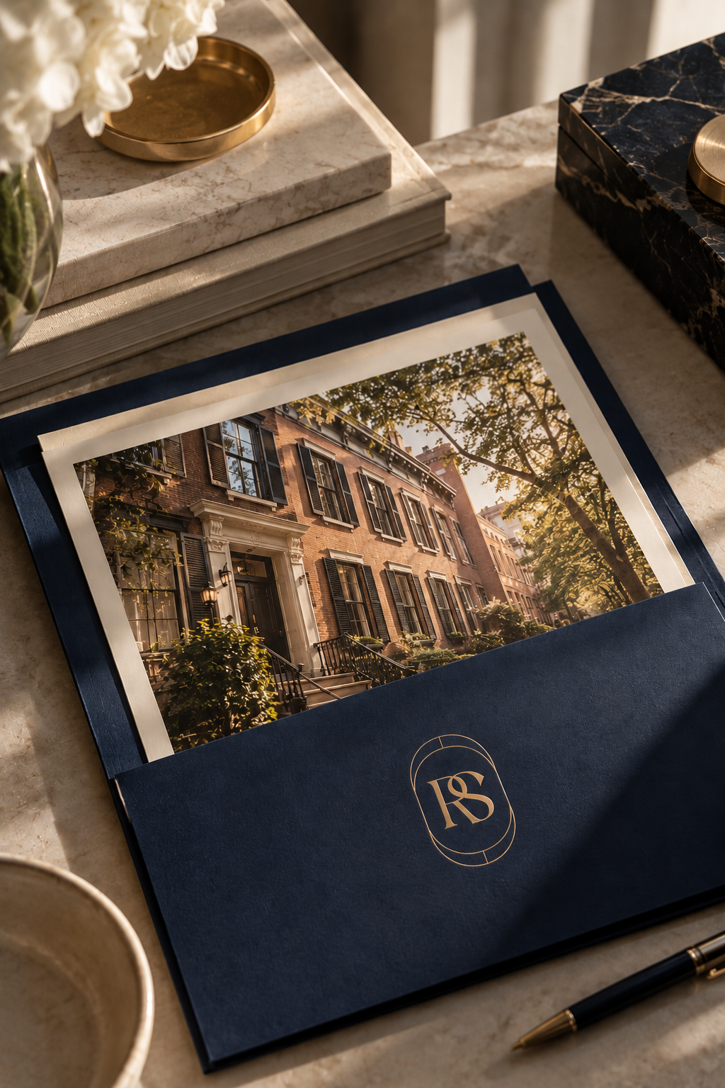 Luxury navy photo album displaying a sunlit brick townhouse, styled on a marble table with gold decor and a pen