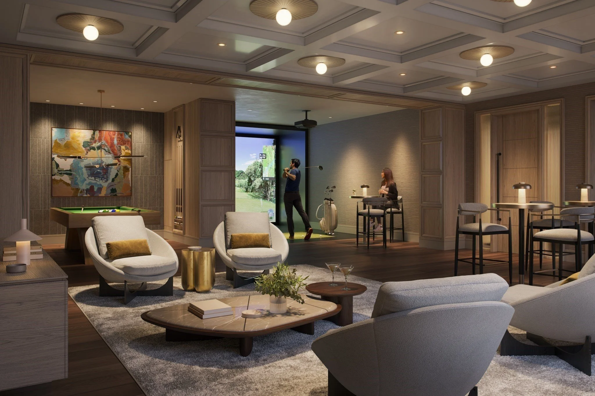 Luxury golf lounge with pool table, golf simulator, bar seating, modern furnishings, and two people indoors