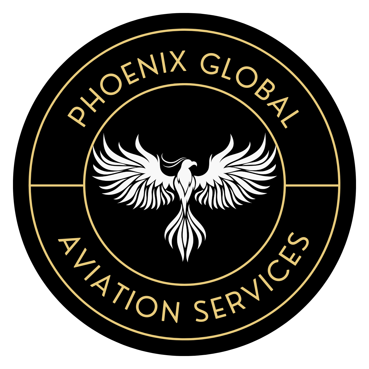 Logo for Phoenix Global Aviation Services with a stylized white phoenix in the center and a gold circular border containing the company name on a black background.