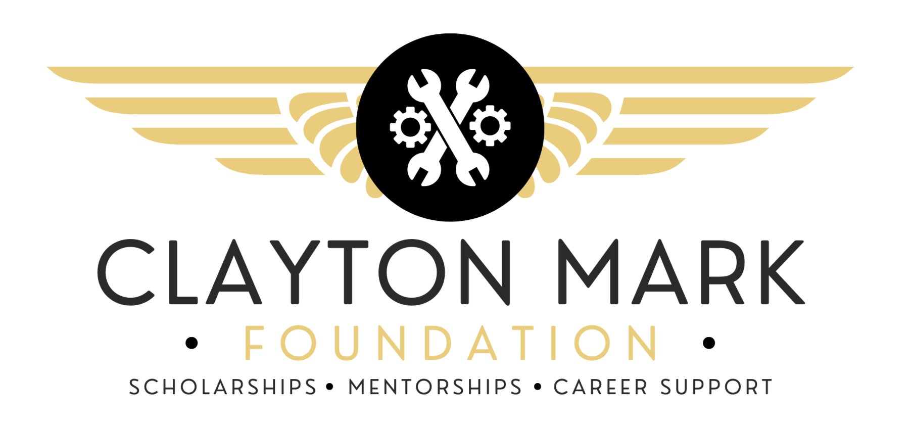 Logo for Clayton Mark Foundation featuring crossed wrenches and gears within a circle, with gold wings behind, and text indicating scholarships, mentorships, and career support.