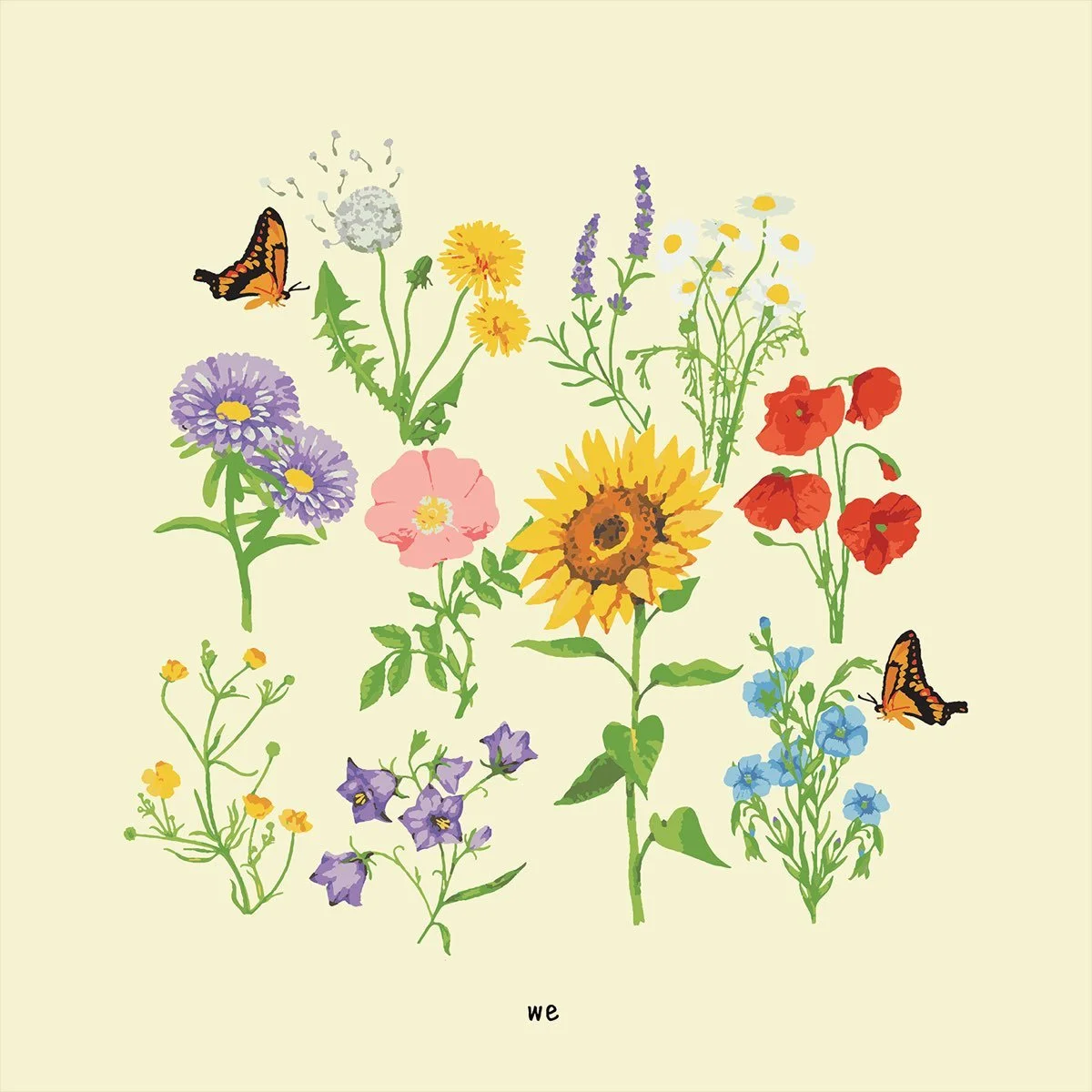 Illustration of various colorful wildflowers and butterflies on a light background with the word "we" at the bottom. gnash's album art for album "we".