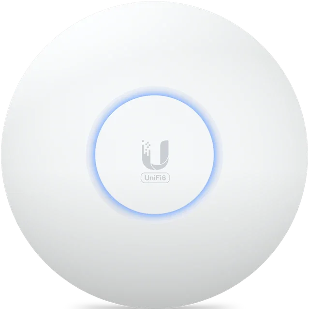 Gerät mit einem leuchtenden runden Knopf in der Mitte, Logo mit dem Text "UniFi6"