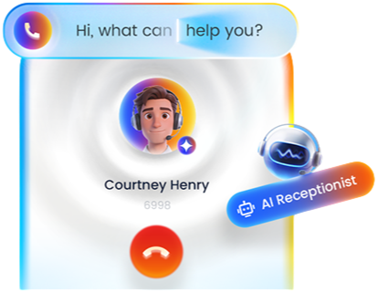Screenshot eines KI-Chat-Interfaces mit einem Gespräch, in dem gefragt wird: 'Hi, what can help you?'. Im Zentrum ein Avatar von Courtney Henry, der als KI-Rezeptionist gekennzeichnet ist.