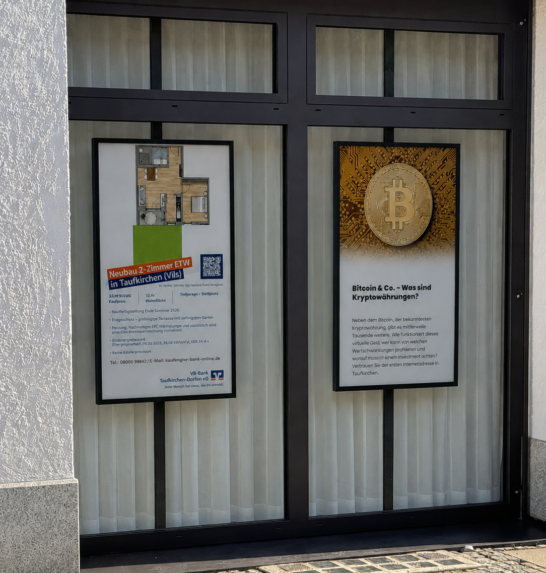 Zwei Aushänge an einer Glastür, rechts mit einem Bitcoin-Motiv und Erklärung, links eine Anzeige für eine Neubauwohnung in Taufkirchen.