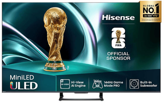 Verpackung eines Hisense TV mit FIFA WM 2022 Logo, MiniLED ULED, Hi-View AI Engine, 144Hz Game Mode PRO, integrierter Subwoofer.