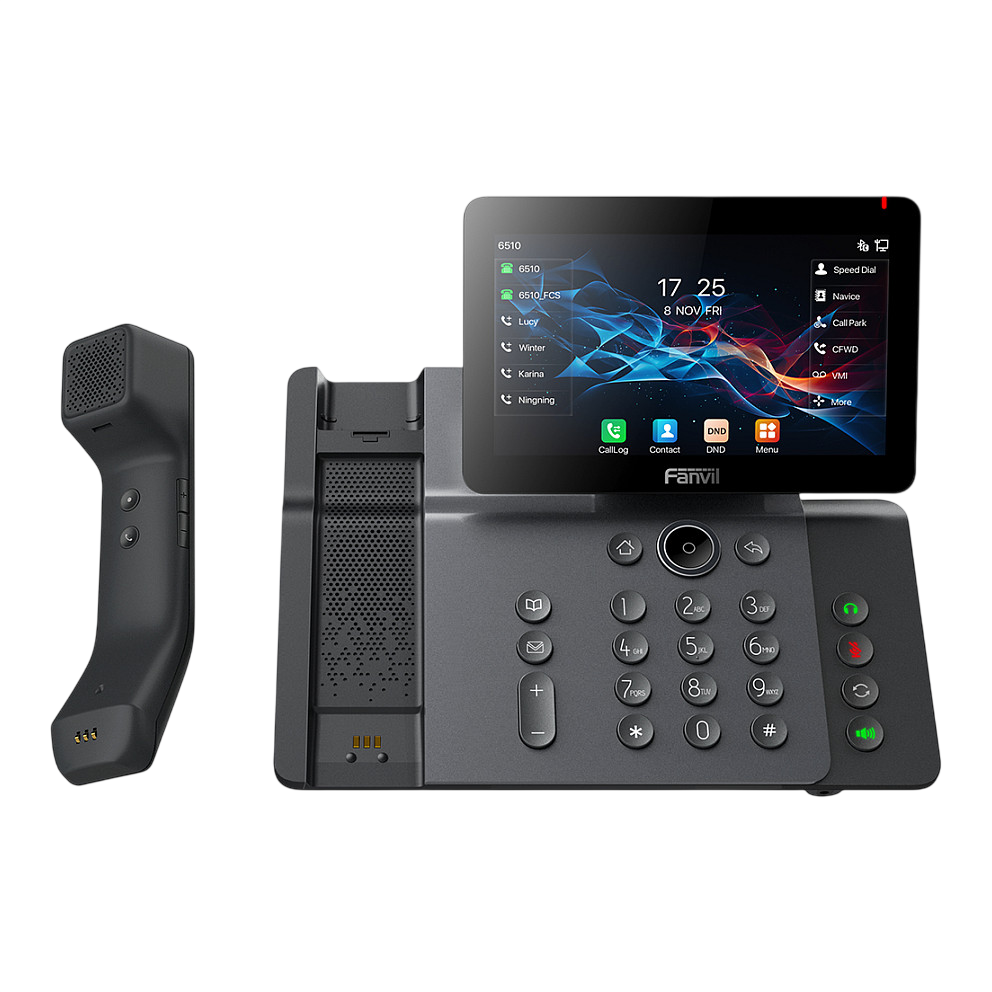 Ein modernes Büro-Telefon mit einem Hörer auf der linken Seite, einer Basisstation mit einer Tastatur, einem Touchscreen-Display und mehreren Funktionstasten, auf schwarzem Hintergrund.