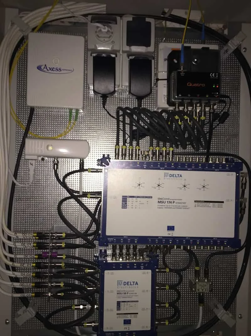 Elektronischer Schaltschrank mit verschiedenen Komponenten und Kabelverbindungen.