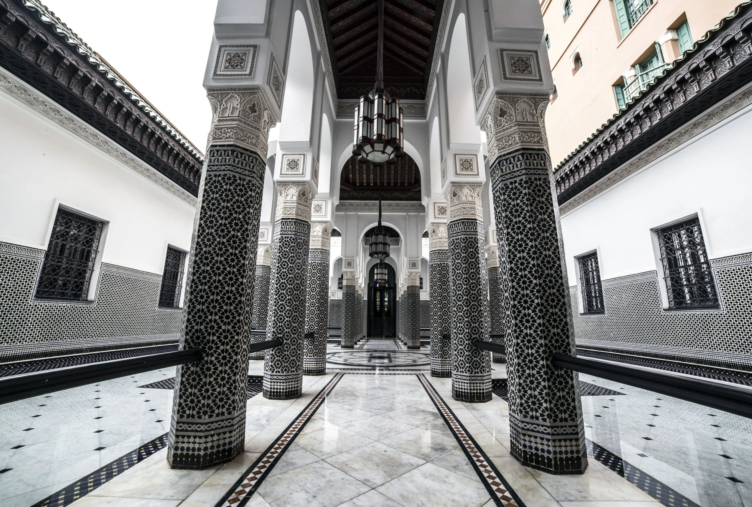 Morocco Vistas | Moorish & Andalusian Heritage — black and white zellige columns, La Mamounia, Marrakech