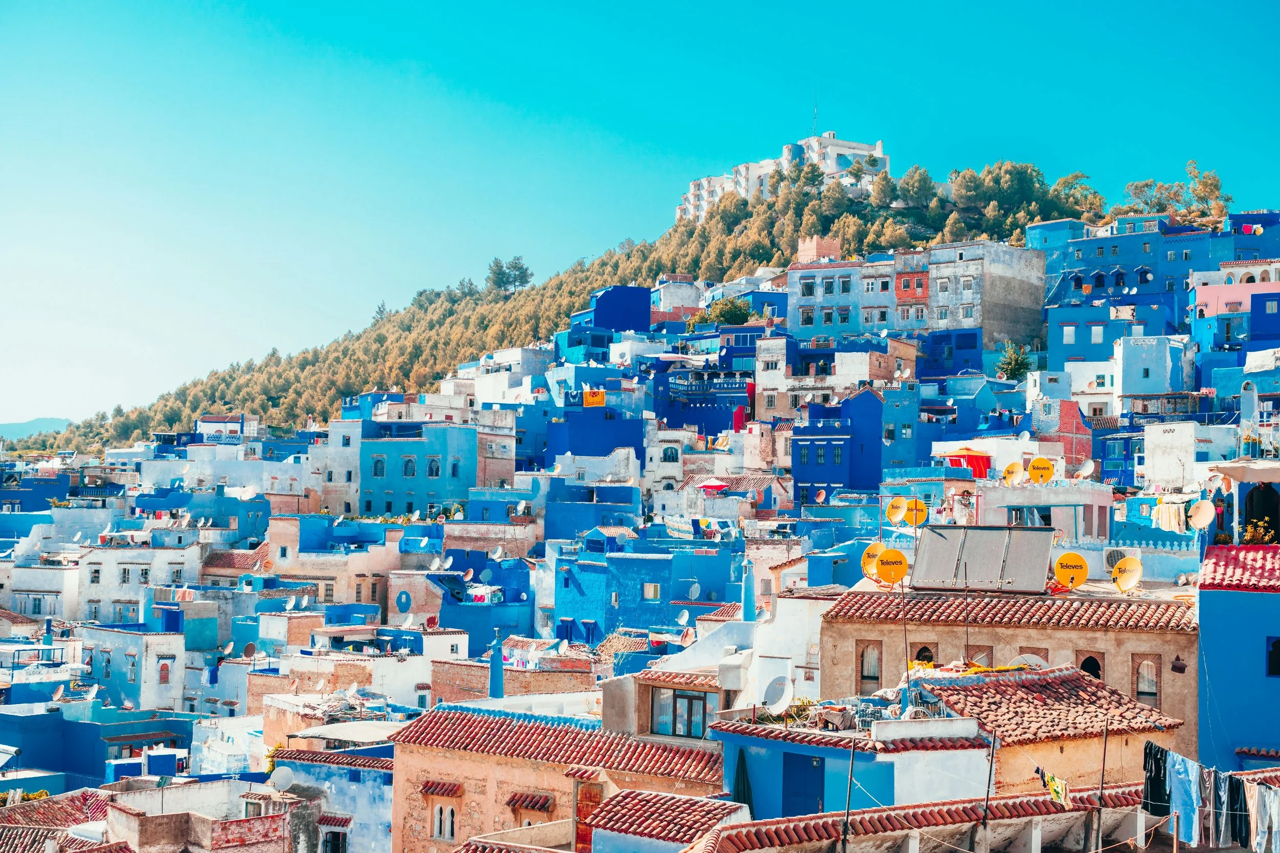 Blue buildings with terracotta roofs on a hillside in Chefchaouen, Morocco