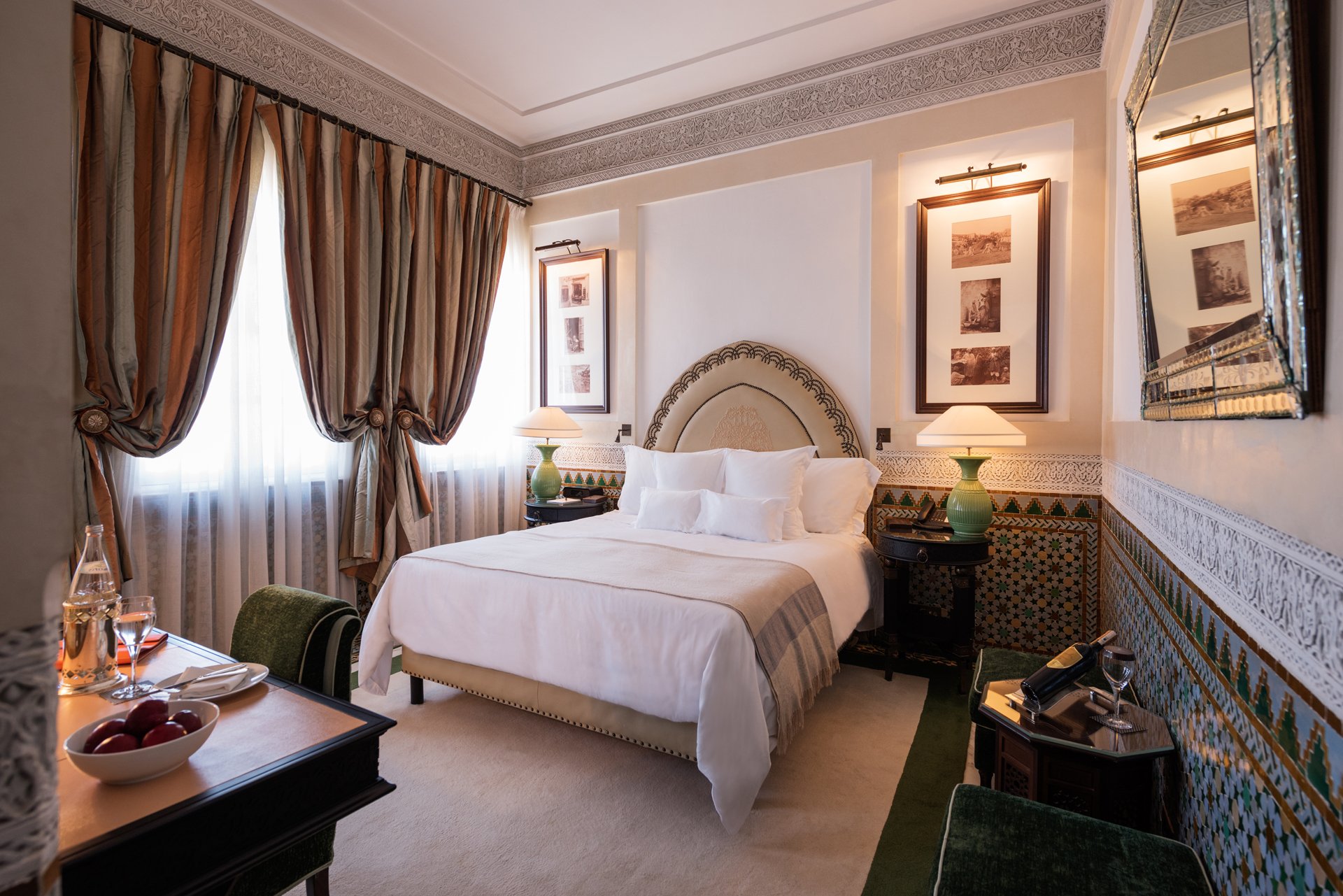 La Mamounia luxury suite bedroom, Marrakech - elegant queen accommodation on Morocco Vistas Southern Oasis tour