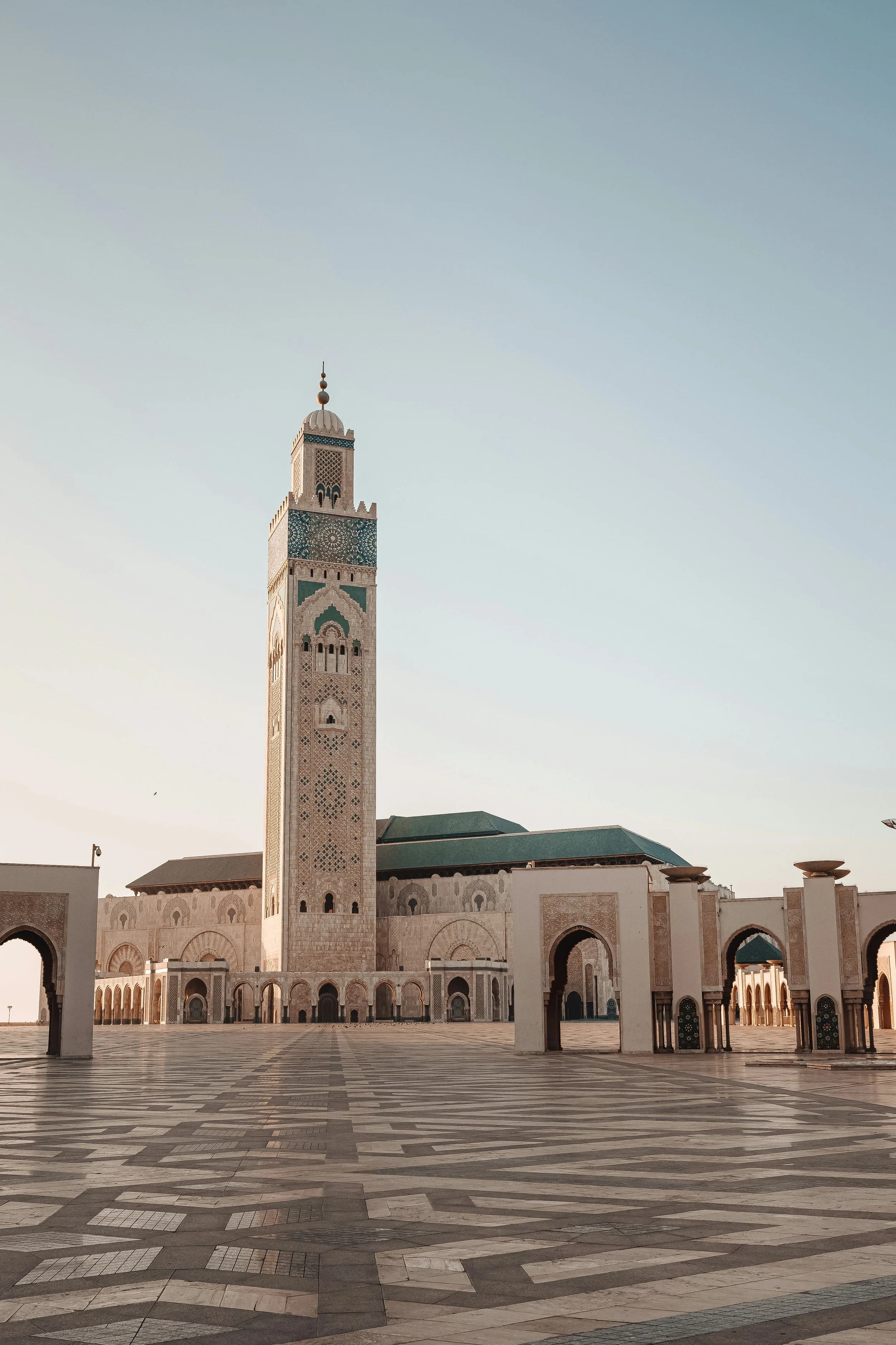 Morocco Vistas | Moorish & Andalusian Heritage — Hassan II Mosque minaret and plaza, Casablanca