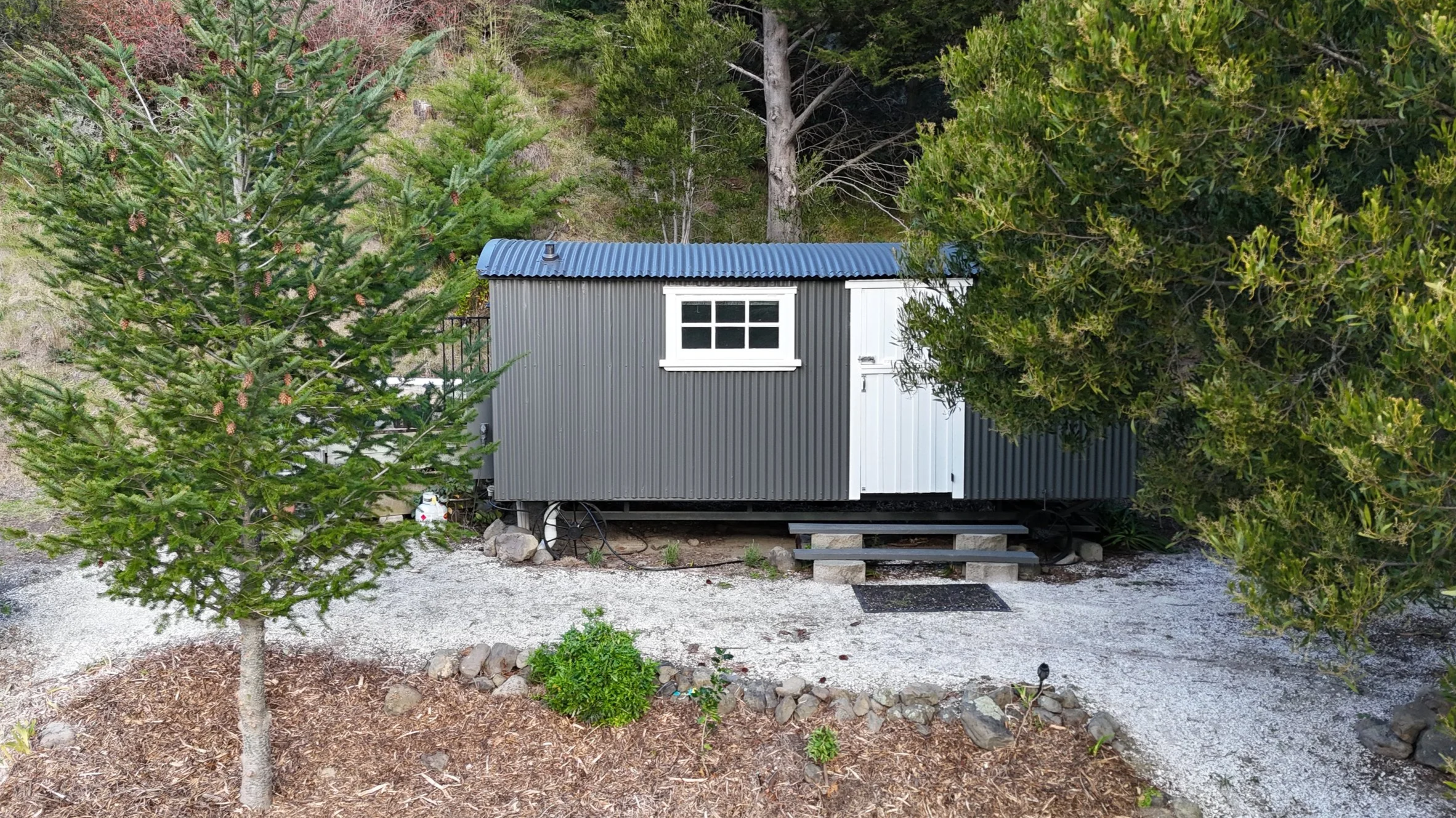 Renovated railway carriage cabin surrounded by trees at Wildwood Estate in Marlborough