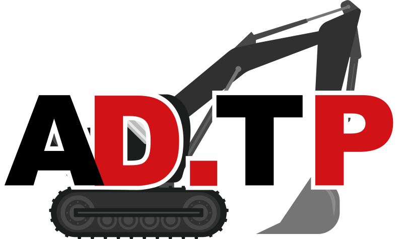 Logo avec le texte "AD.TP" en lettres blanches, rouges et noires, avec une silhouette de bulldozer en arrière-plan.
