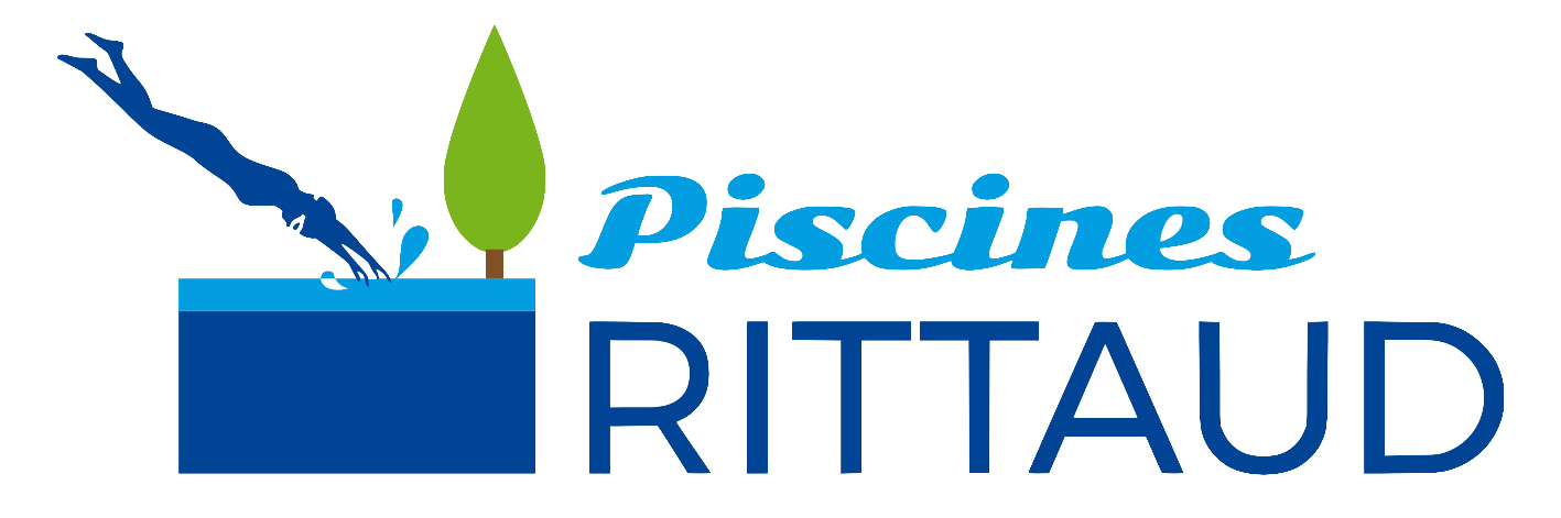 Logo de Piscines Rittaud avec un bassin d'eau, une branche d'arbre, et un arbre vert, accompagnant le texte 'Piscines Rittaud'.