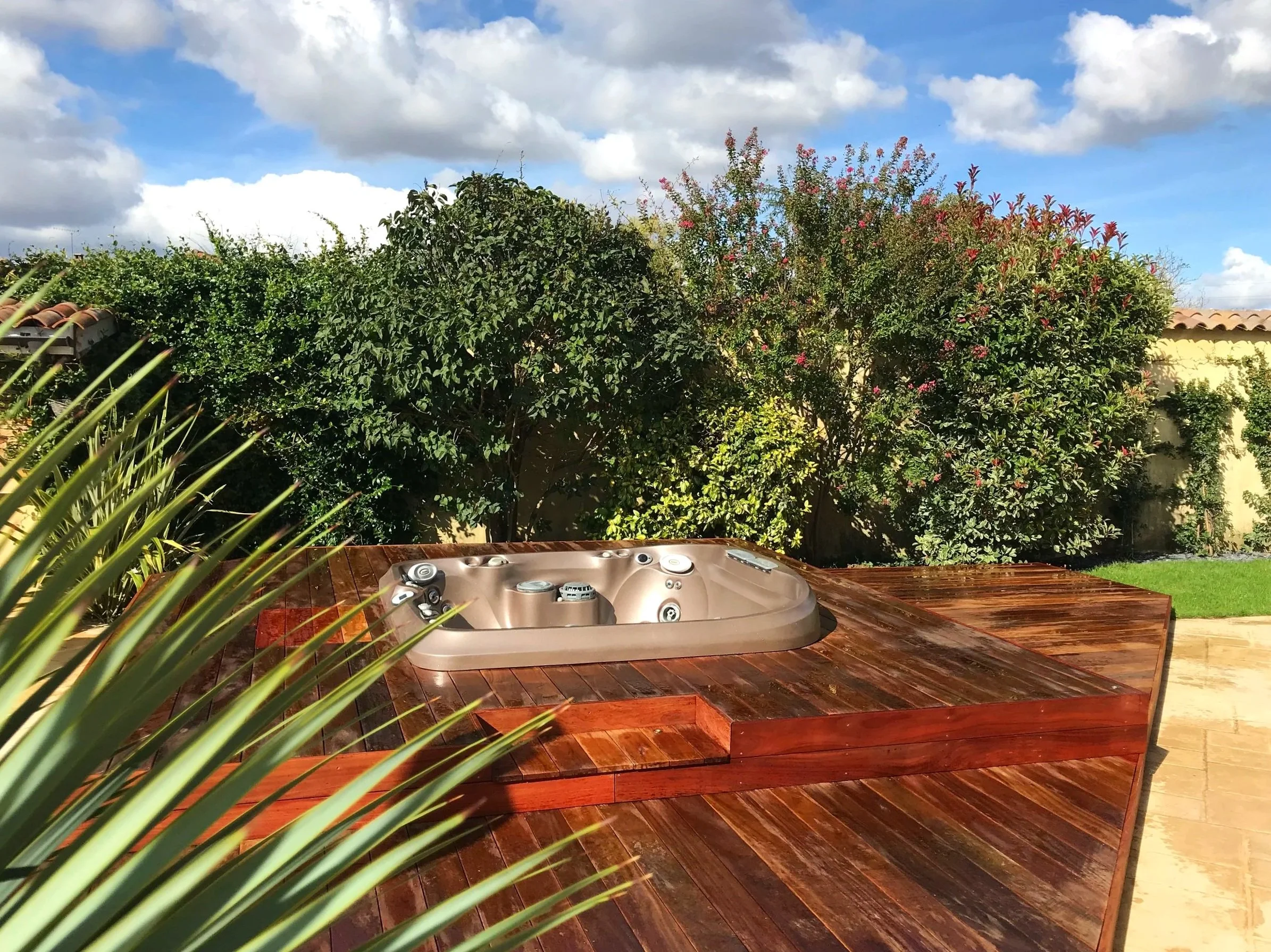 Une vue d'un jardin avec plusieurs arbustes verts et des fleurs, sous un ciel partiellement nuageux, avec une table en bois avec un jacuzzi jacuzzi dessus