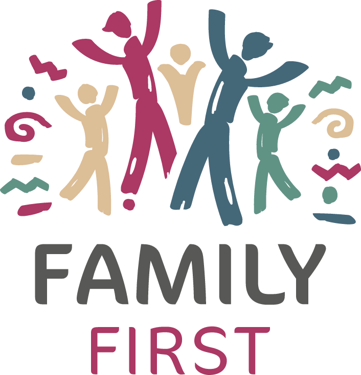 Stylized illustrations of a family with two adults and three children celebrating, surrounded by colorful confetti, with the words "FAMILY FIRST" below.