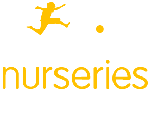 Logo for Fennies Nurseries with a figure jumping above the text, slogan 'The right start for under 5s'.