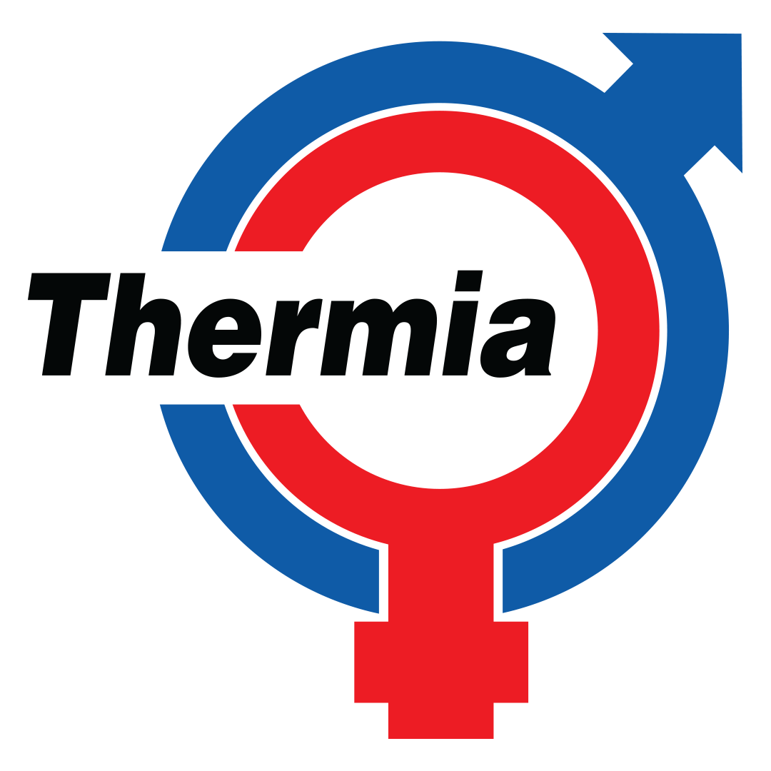 Logotyp med texten 'Thermia' och symbol för manligt och kvinnligt i blå och röd färg.