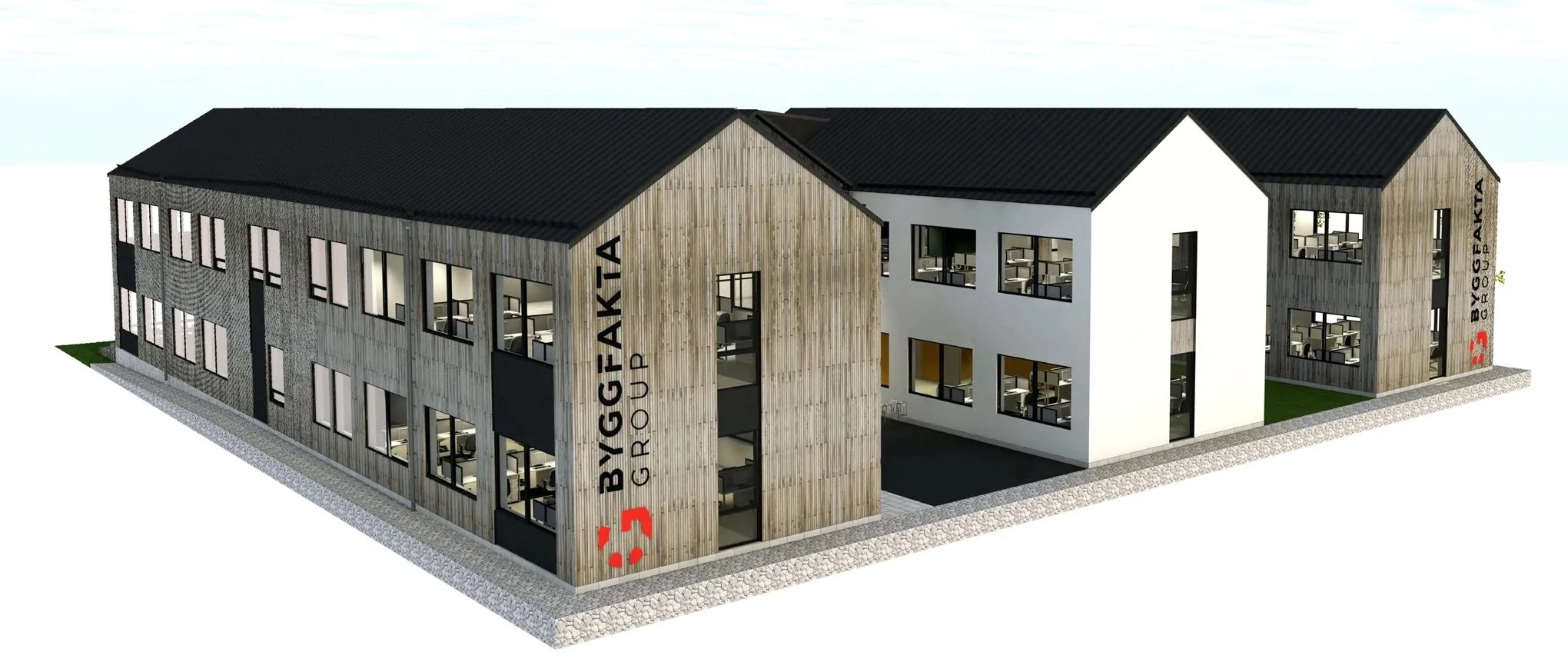 Modell av en modern utbildningsbyggnad med träpanel och flera fönster, utanför en grå och vit fasad, med texten "BYGGEAIA GÅRD UP" på fasaden.