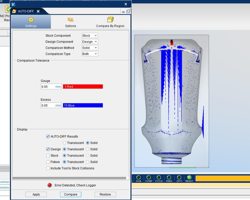 A software interface showing settings for a comparison analysis, including color-coded tolerance levels, with a 3D model of a die cast for a Heinz ketchup bottle on the right screen, displaying areas of deviation in blue and red.