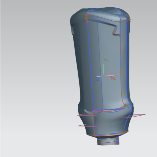 3D CAD model of a Heinz ketchup bottle with axes and geometric annotations