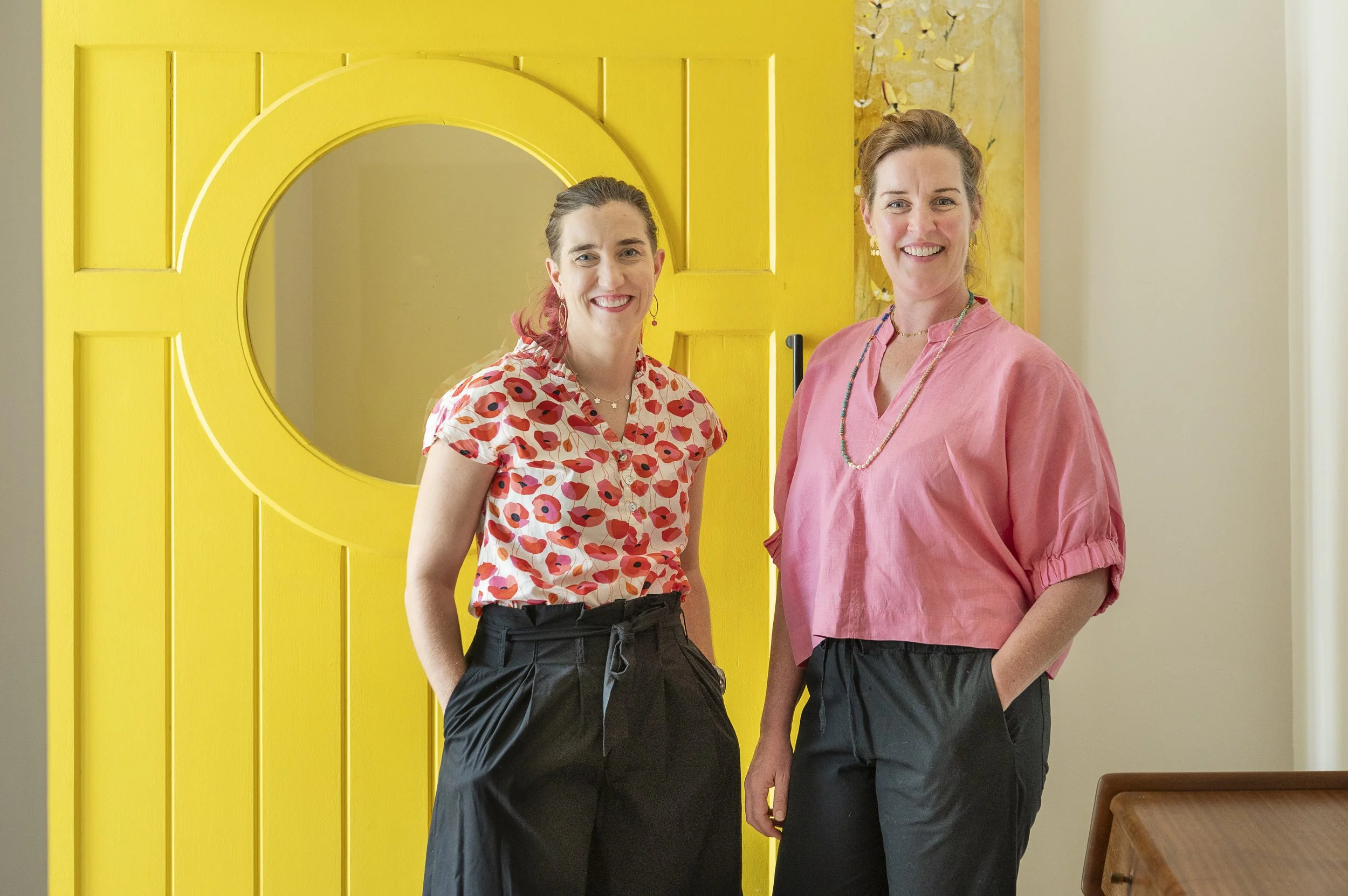 Helen Counihan-Greene and Victoria de la Cour join forces to collaborate on the female led, cape town artchitectural firm. Here they stand infront of the new build in Ronderbosch, southern Suburbs, Cape Town
