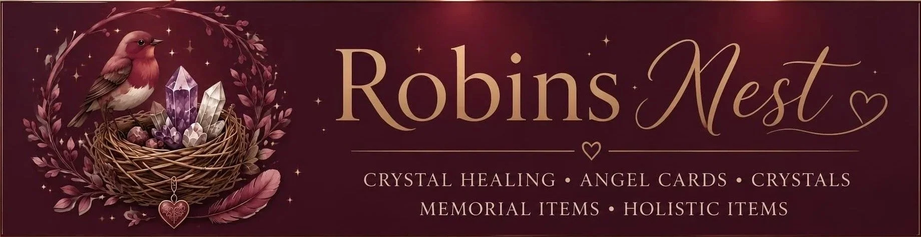 Decorative banner for Robins Nest, featuring a bird sitting on a woven nest with purple crystals, surrounded by pink leaves and feathers, with text listing services like crystal healing, angel cards, crystals, memorial items, and holistic items.