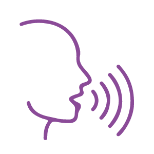 Outline of a person speaking with sound waves emanating from their mouth