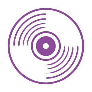 A stylized vinyl record with purple lines on a black background.
