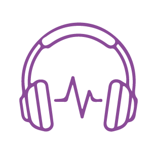 Purple outline of headphones with a heartbeat line inside the ear cups.