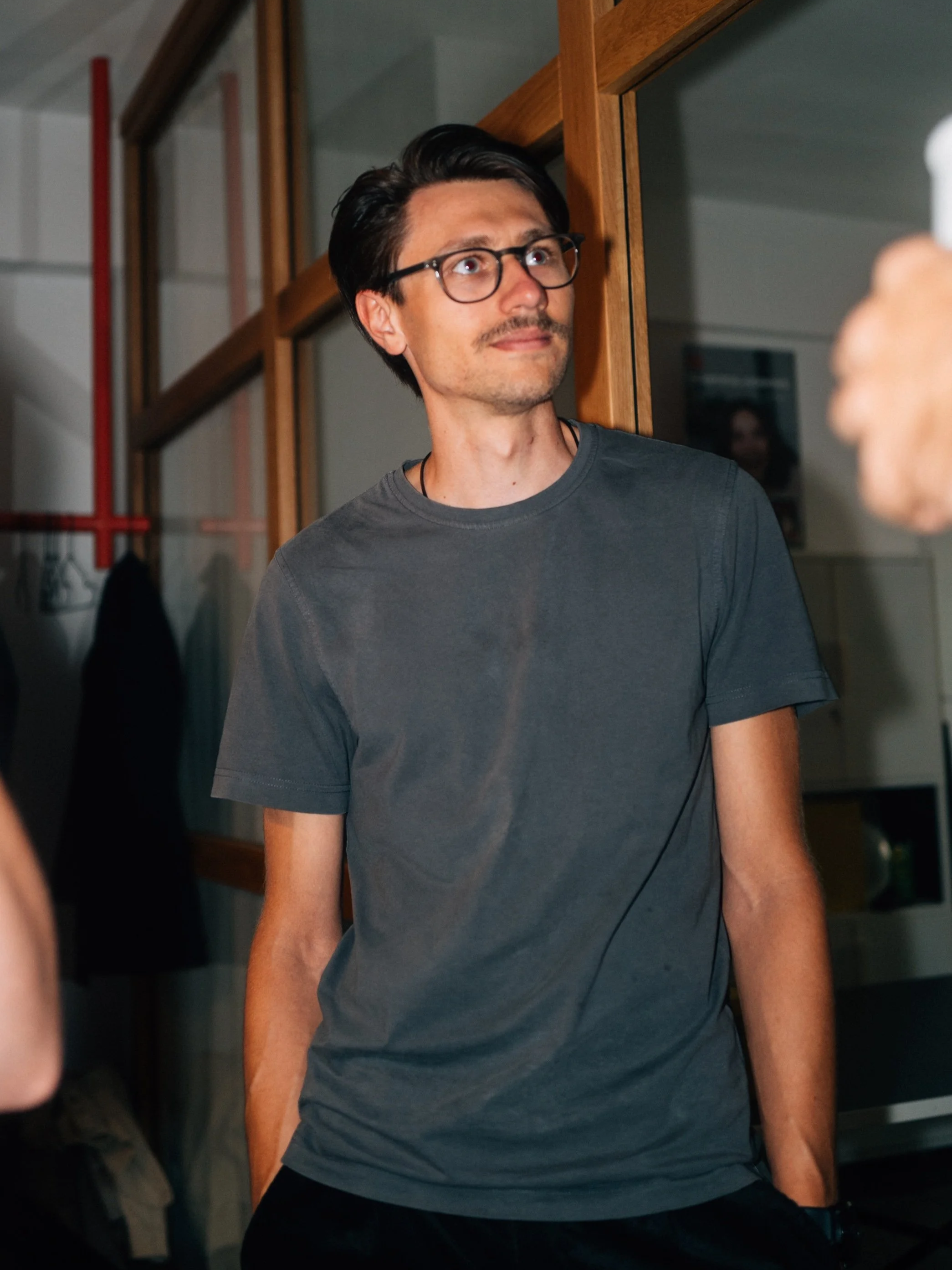 A man with dark hair, glasses, and a mustache wearing a gray t-shirt standing in front of a wooden framed mirror, with a blurred background showing part of the room.
