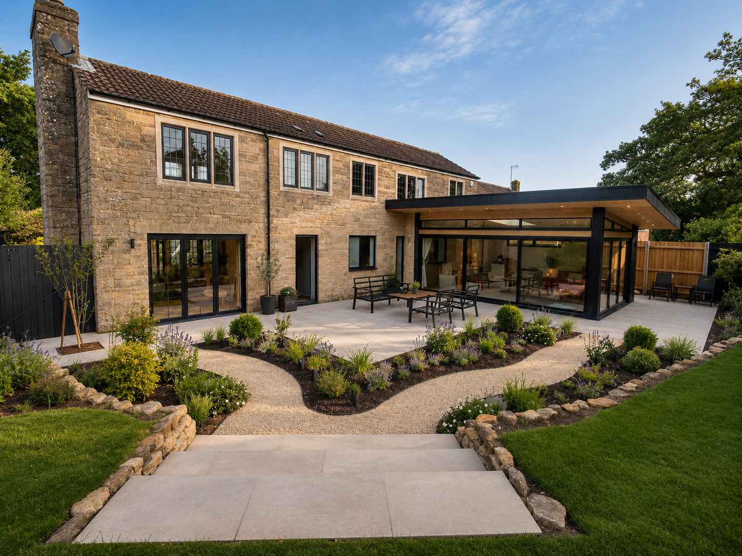 Modern house with a garden, stone exterior, glass sliding doors, and an outdoor seating area, surrounded by landscaped plants and a curved pathway.