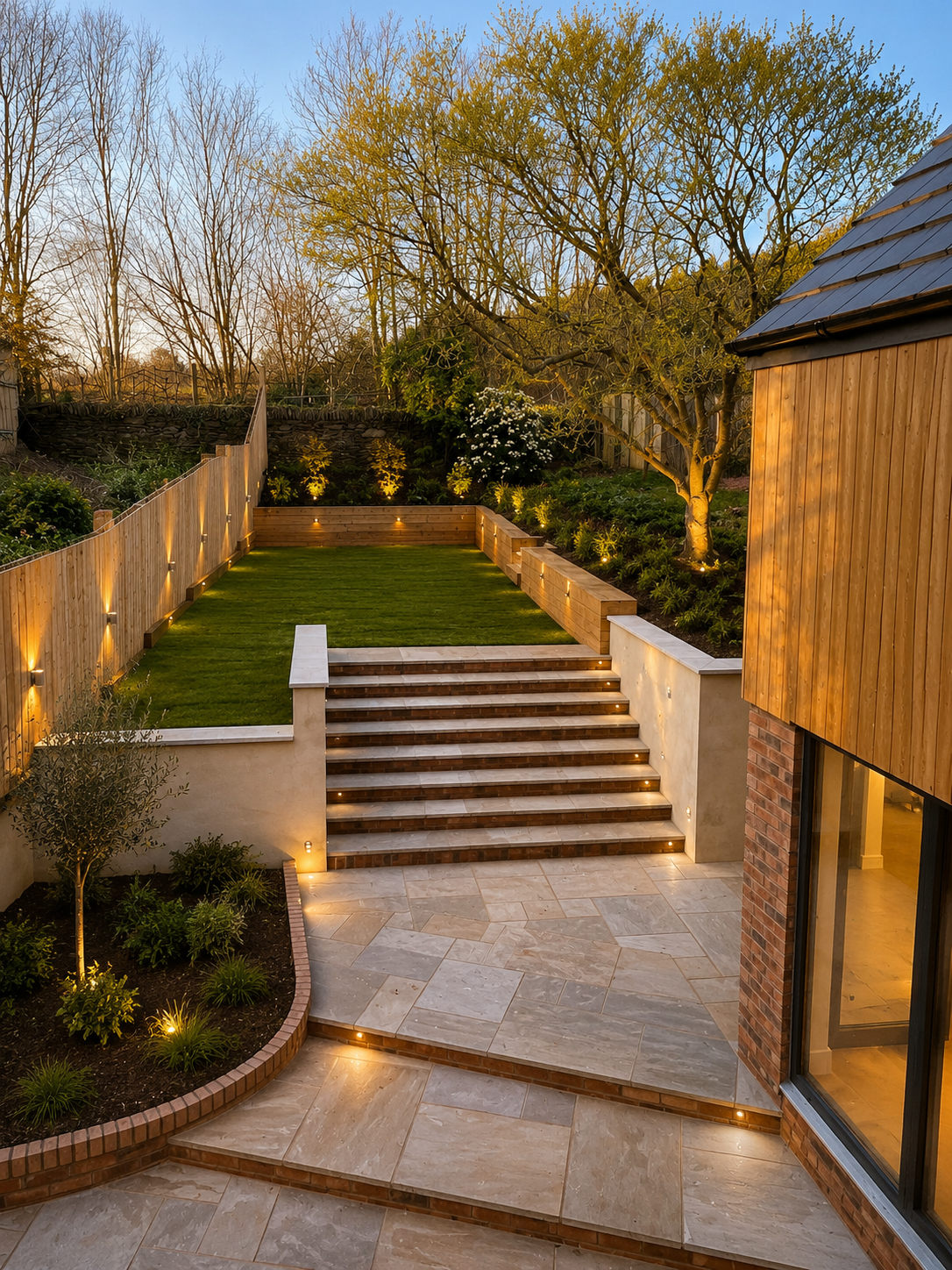 A backyard with stone patio, stairs, and a grassy area illuminated by outdoor lights, featuring a wooden fence, trees, and a house with brick and wood siding.