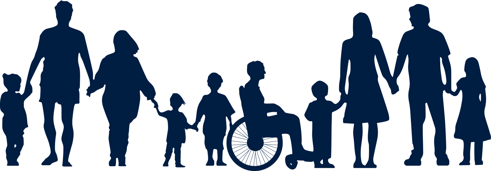 Silhouette of people holding hands, one is in a wheelchair