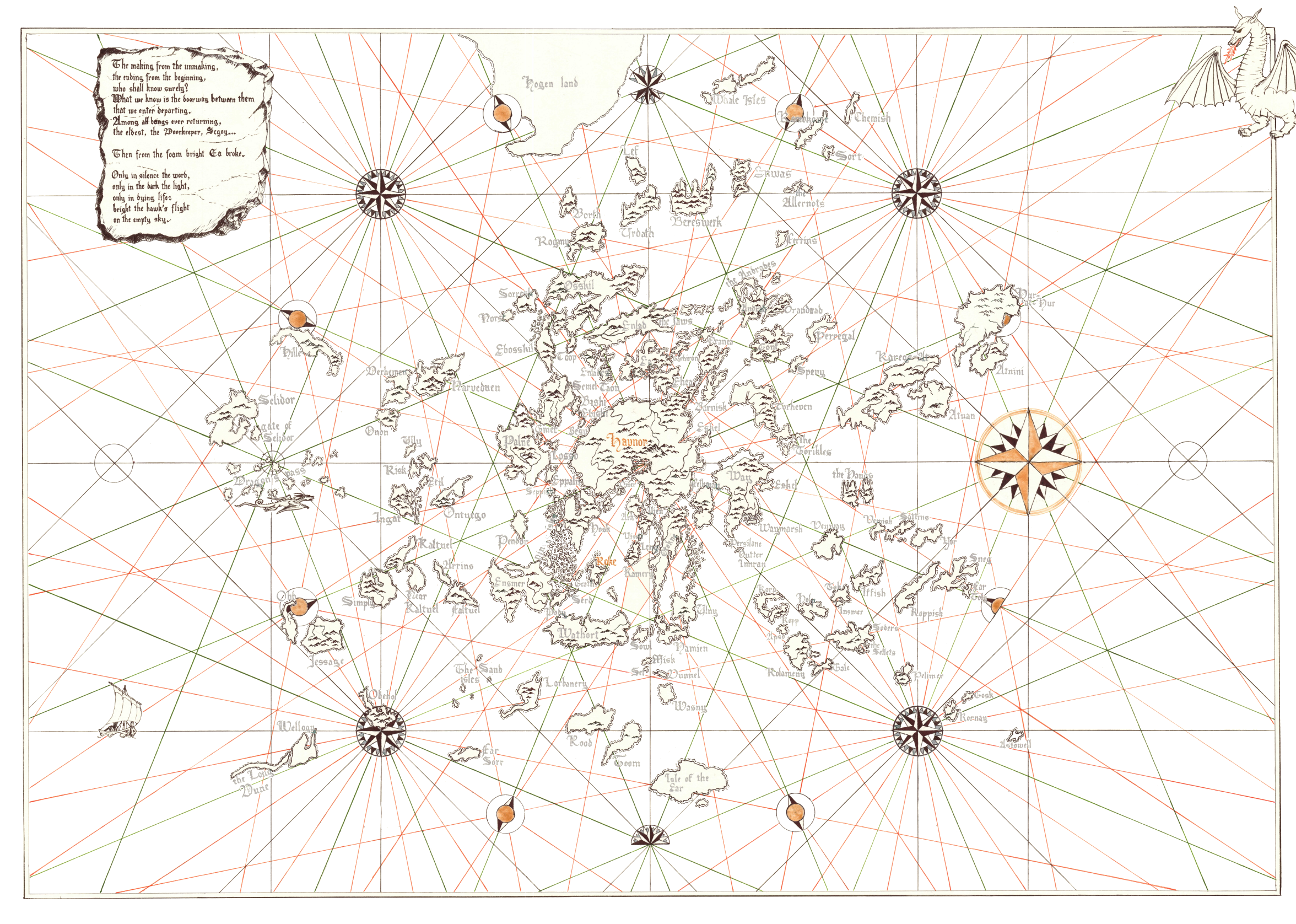 Carte maritime ancienne de l'univers de Terremer, d'Ursula LeGuin, représentant les îles de l'archipel et le lignes de navigation, décorée de dragons, de navires, ainsi qu'une citation en anglais dans un panneau en pierre à gauche.