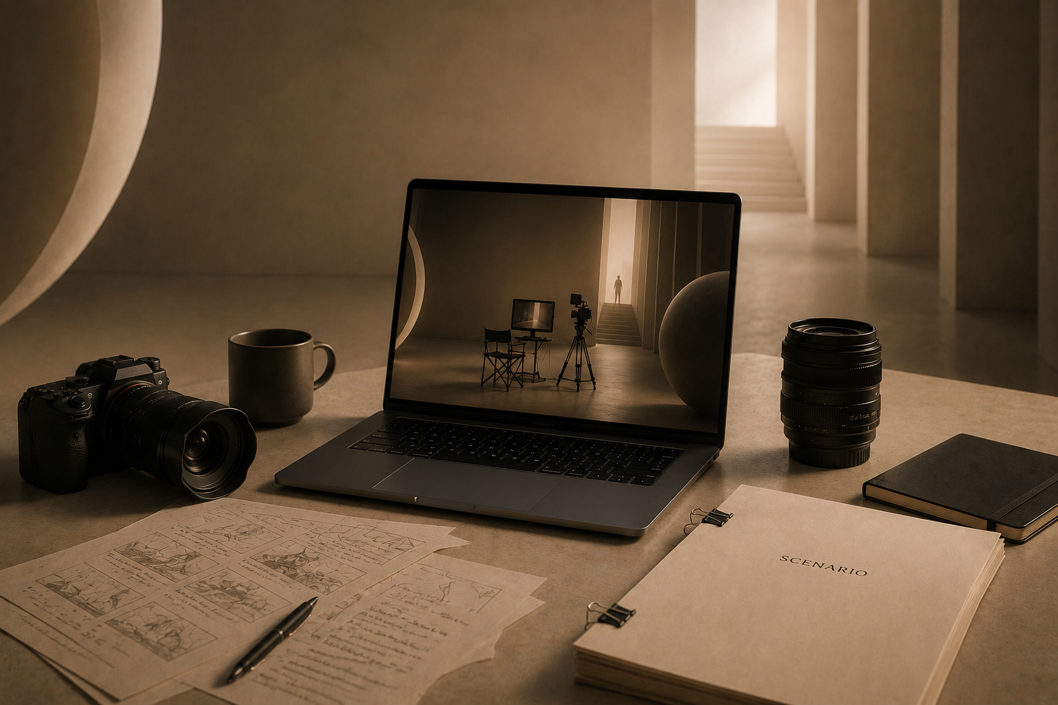 Photography workspace with camera, lens, notebook, papers, pen, coffee mug, and laptop displaying a photography setup with chair, camera, and background scene.