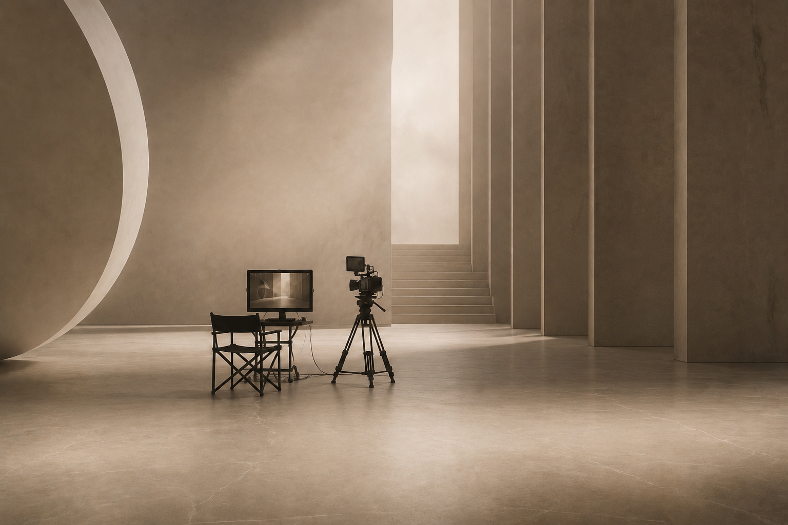 Empty room with camera equipment, including a camera on a tripod, a monitor, and a chair, with stairs and tall columns in the background.