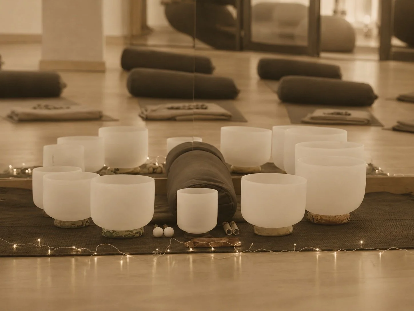 A display of white crystal singing bowls arranged on a dark mat, with a rolled-up cloth, small white balls, and a string of fairy lights in the foreground, and folded mats and cushions reflected in a mirror behind.