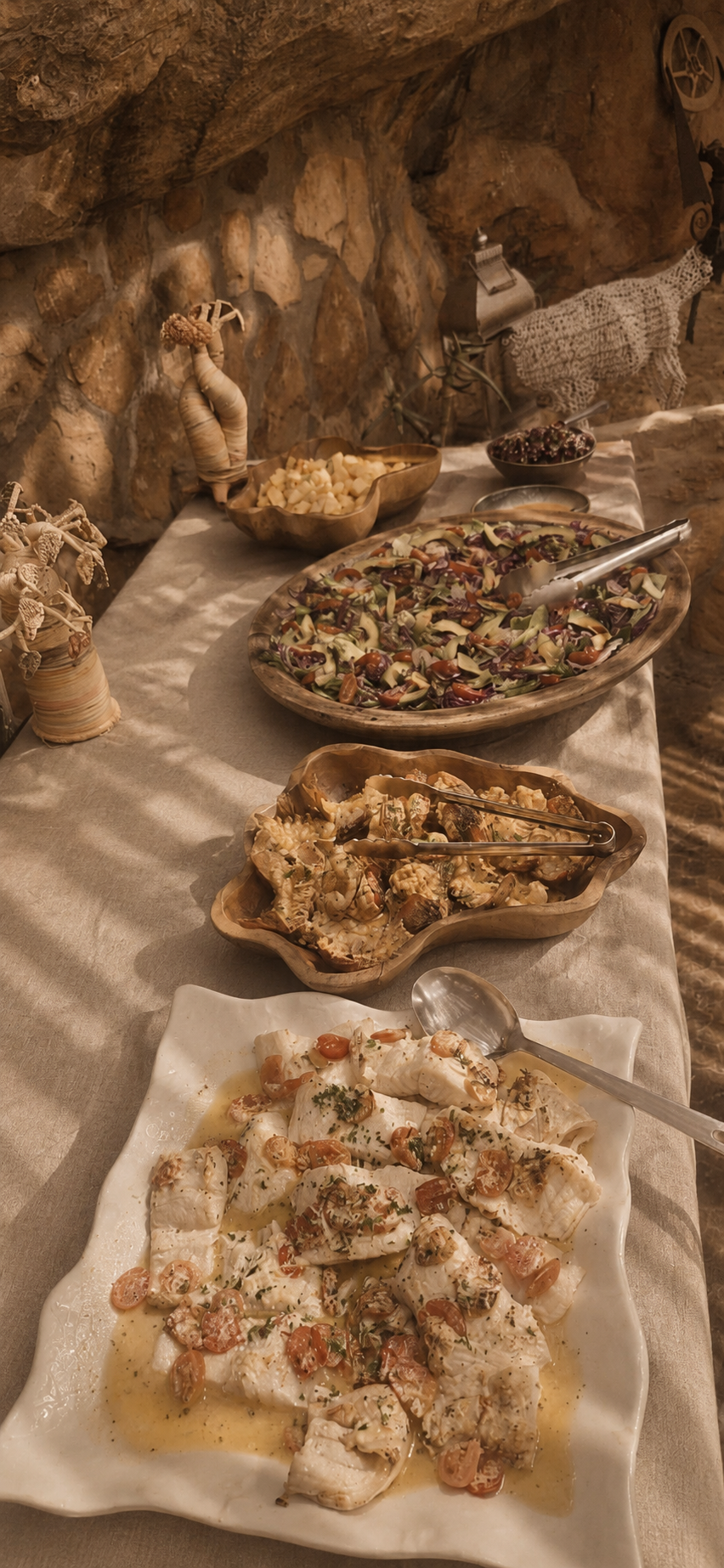 A buffet table with various freshly made dishes with organic ingredients