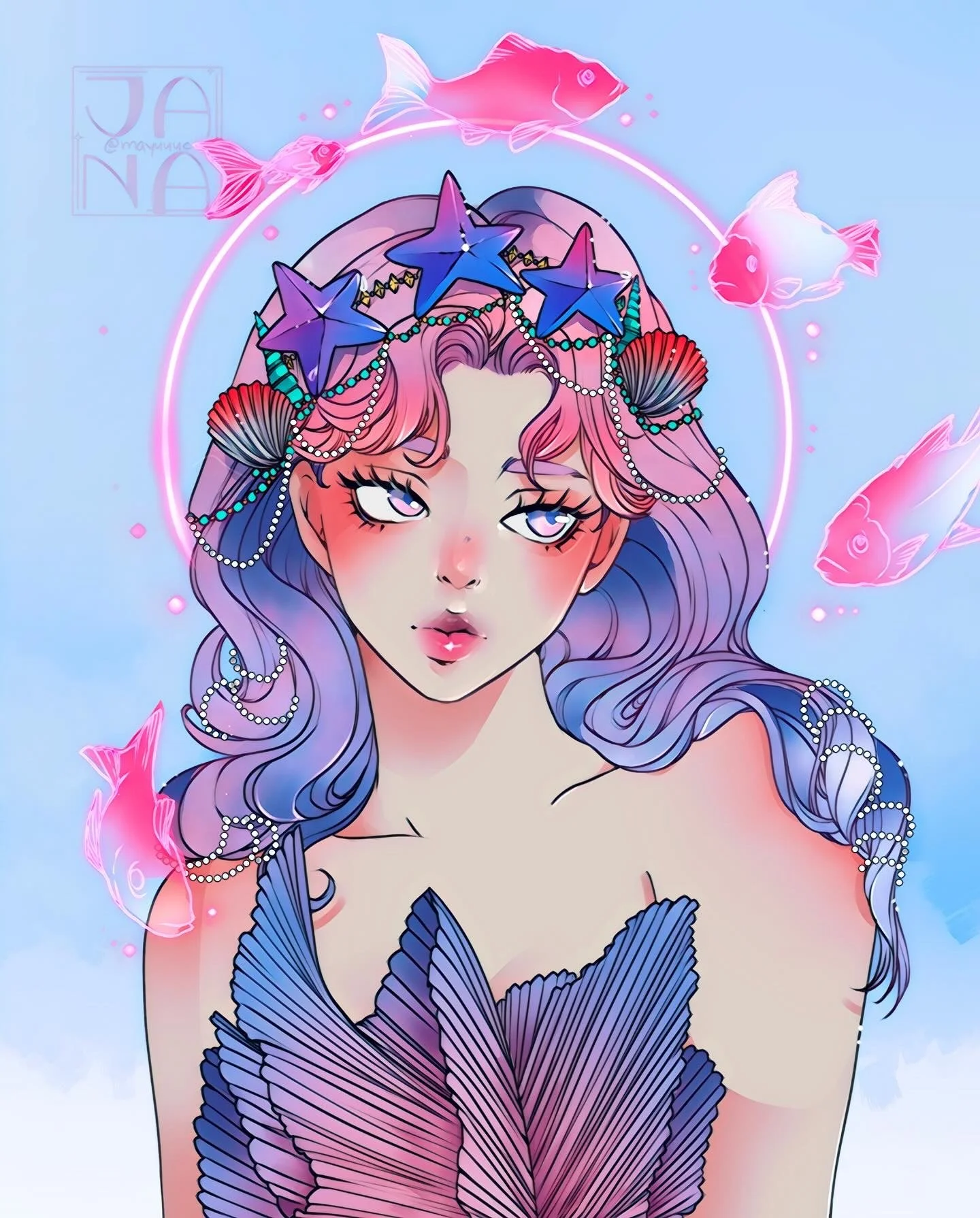 Digital illustration of a woman with long wavy purple hair with pink highlights, wearing a crown-like headpiece with blue stars, seashells, and pearls. She has striking eyes, light makeup, and a calm expression. There are pink fish and glowing pink o