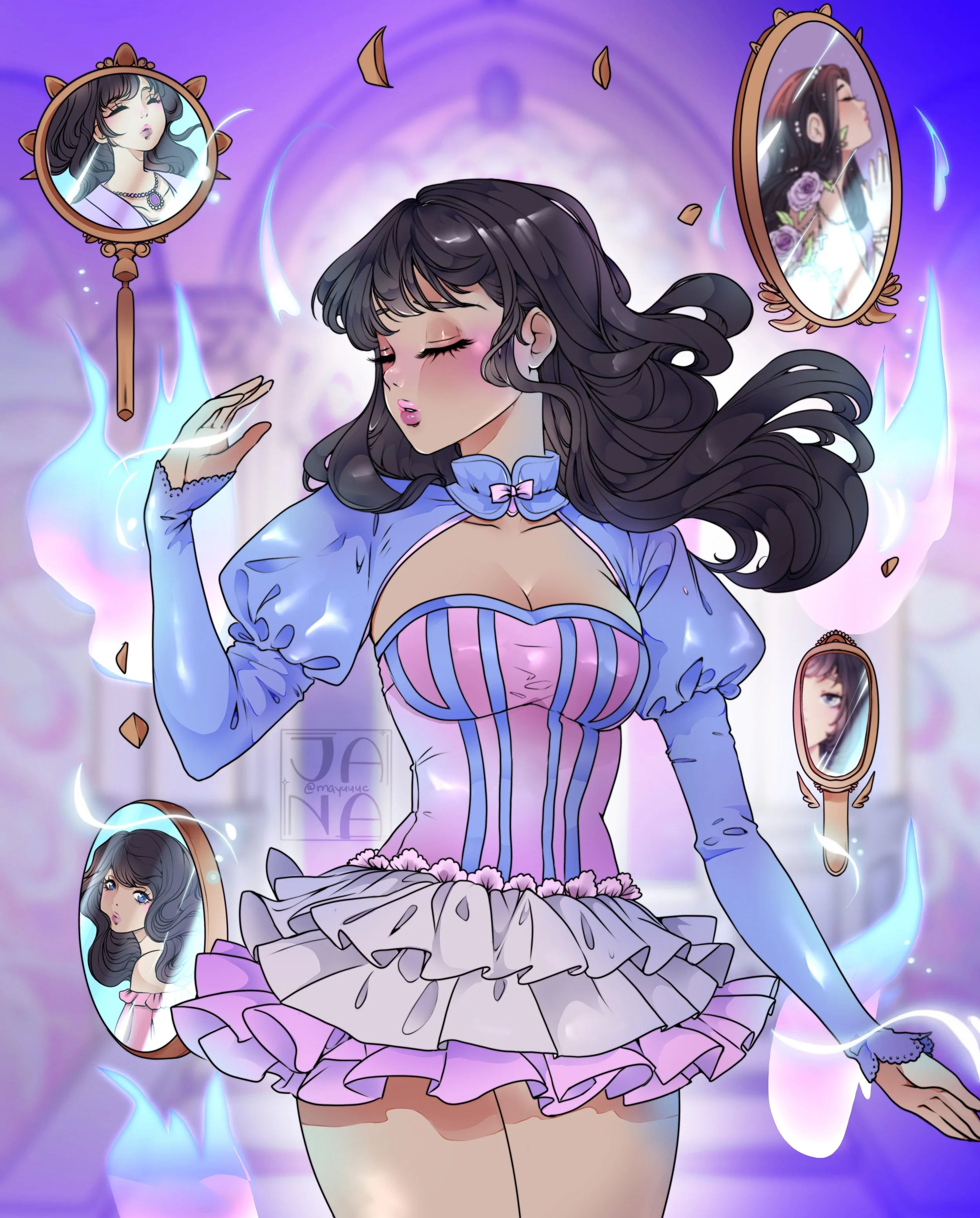 Anime-style illustration of a young woman with dark hair and blue eyes, wearing a purple and pink striped corset top with a frilly skirt. She is surrounded by mirrors reflecting her face and upper body, with blue and purple swirling lights and floati