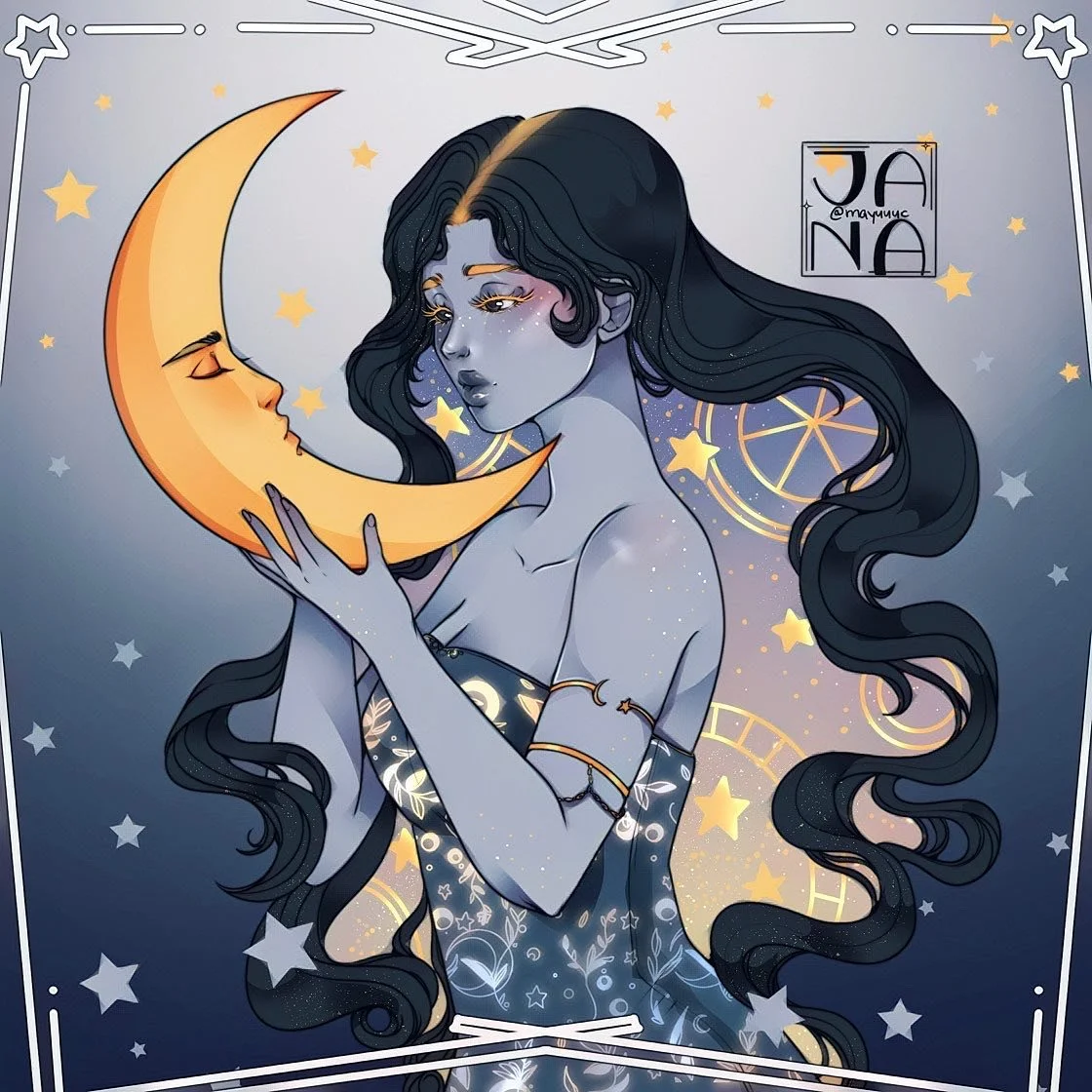 A woman with long black hair and fantasy-themed attire holds a crescent moon with a face, gazing at it in an ethereal scene filled with stars and celestial symbols.