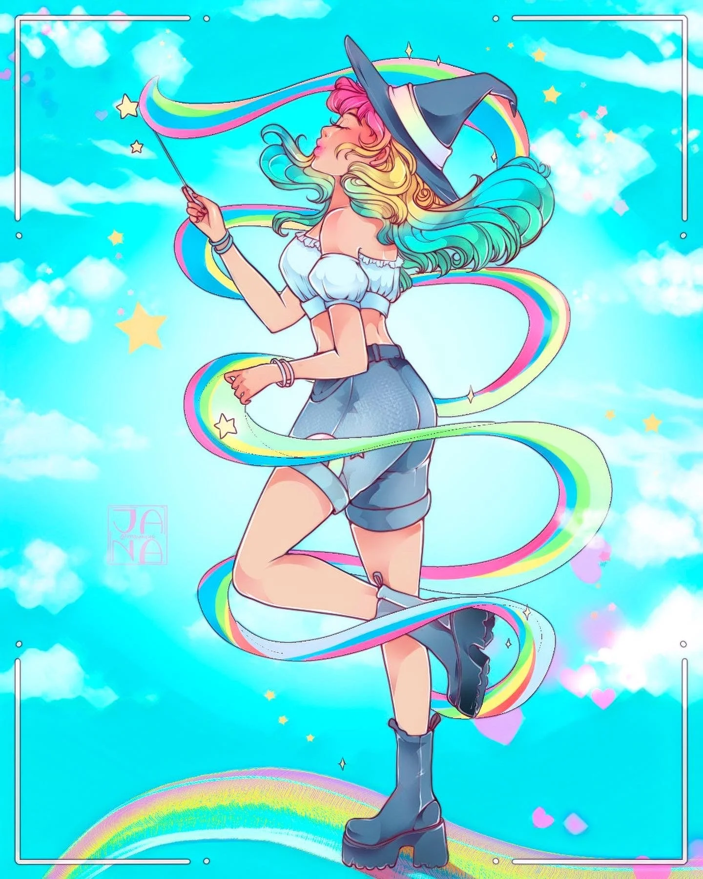 A colorful illustration of a girl with rainbow-colored hair wearing a witch hat, standing on a rainbow path in a sky filled with clouds, stars, and hearts. She is blowing a kiss with her eyes closed, holding a star-tipped wand.