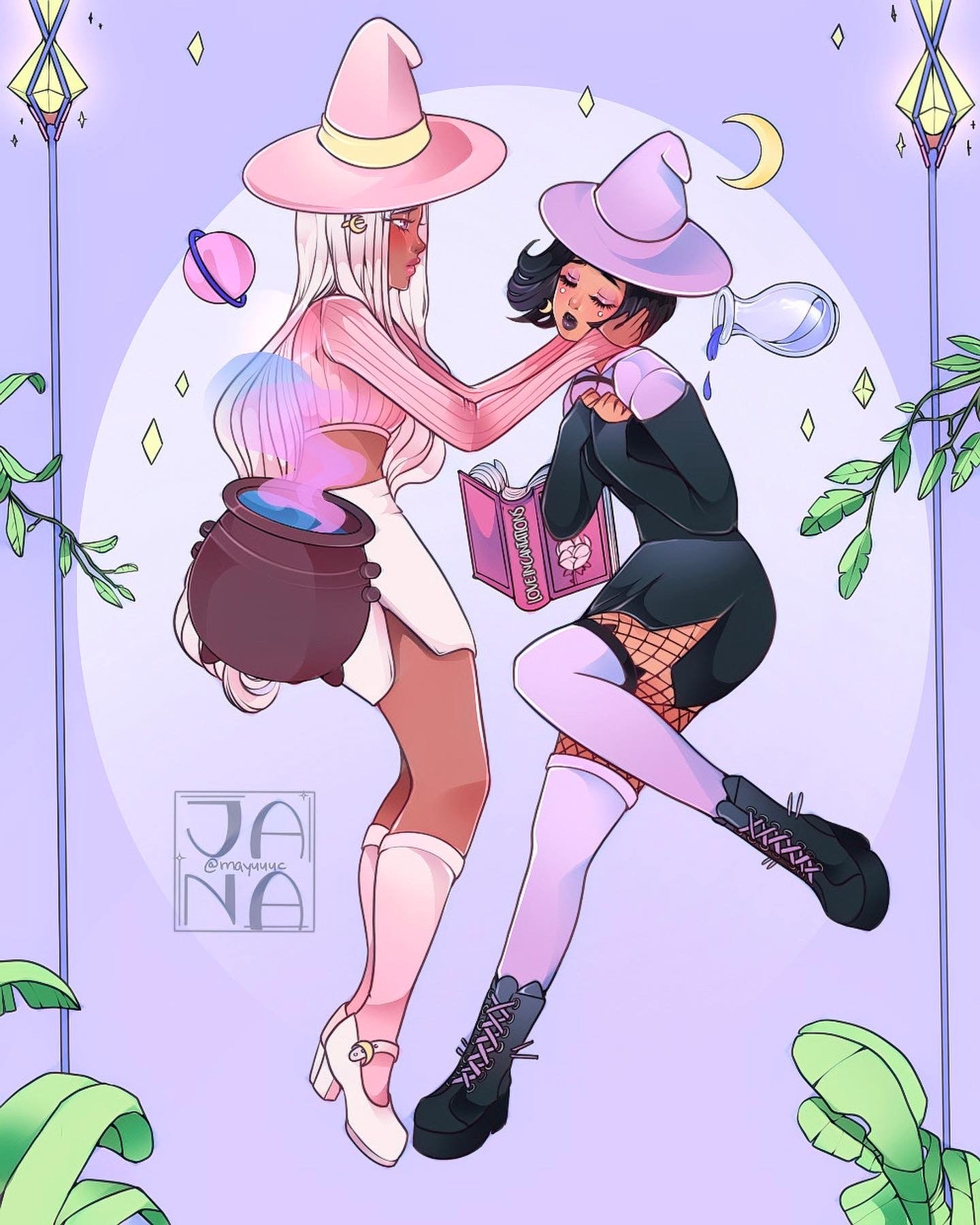 Two fantasy witches, one with long white hair, pink hat, and pink striped top, and the other with short black hair, purple hat, and black outfit, are depicted in a colorful, dreamy scene surrounded by stars, planets, and greenery. The white-haired wi