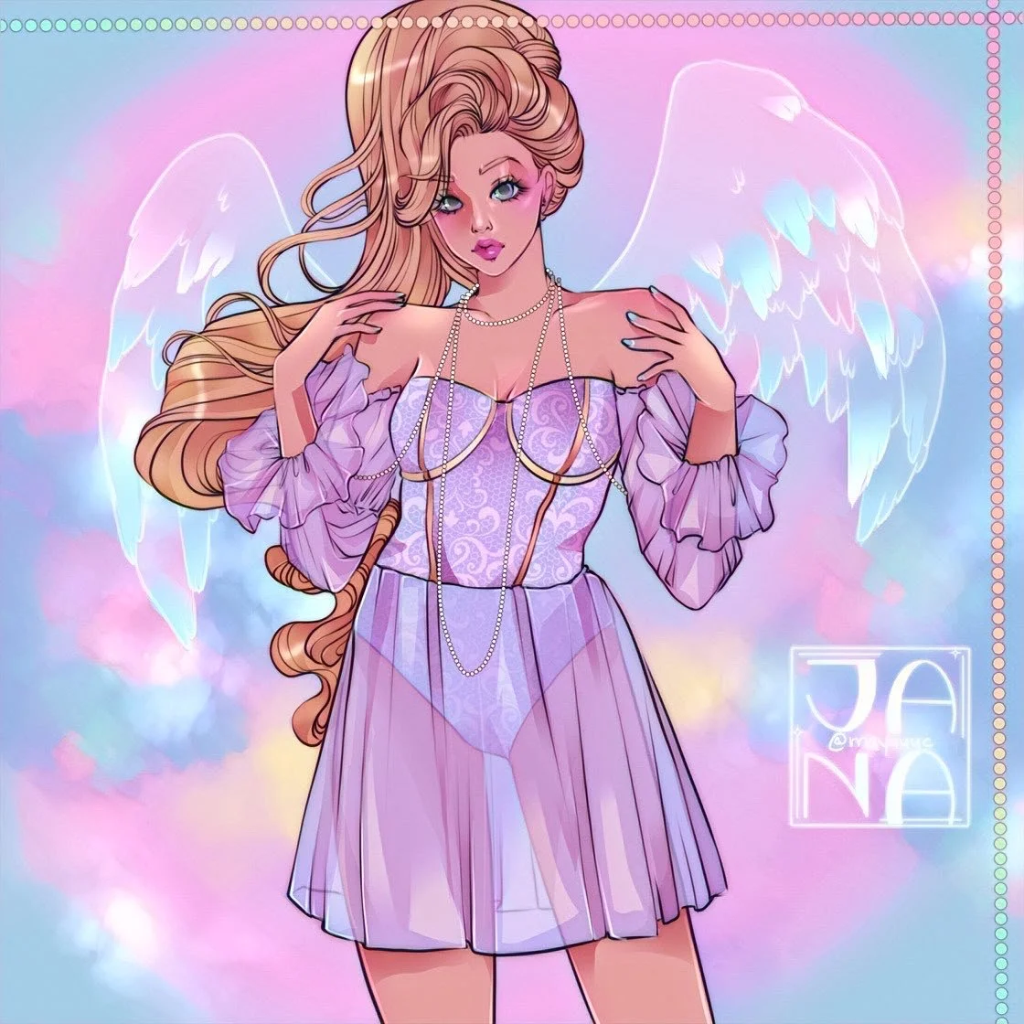 Digital illustration of a blonde woman with angel wings, wearing a purple dress with jewelry, with a dreamy pastel background.
