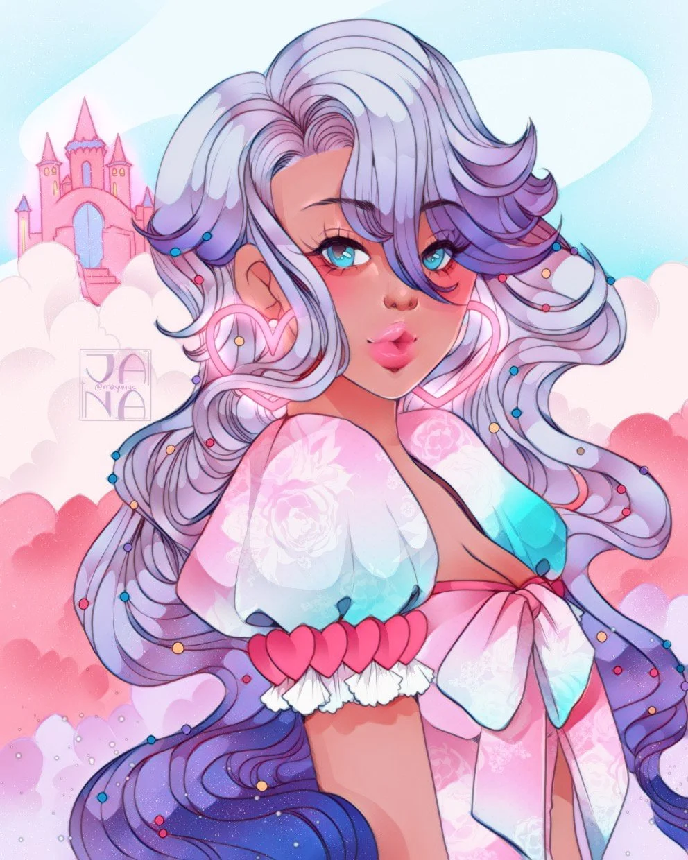 A colorful, animated illustration of a young woman with long, wavy lavender hair decorated with small colorful beads. She has large blue eyes and full pink lips. She wears an off-shoulder top with roses embedded in a translucent fabric and a large pi