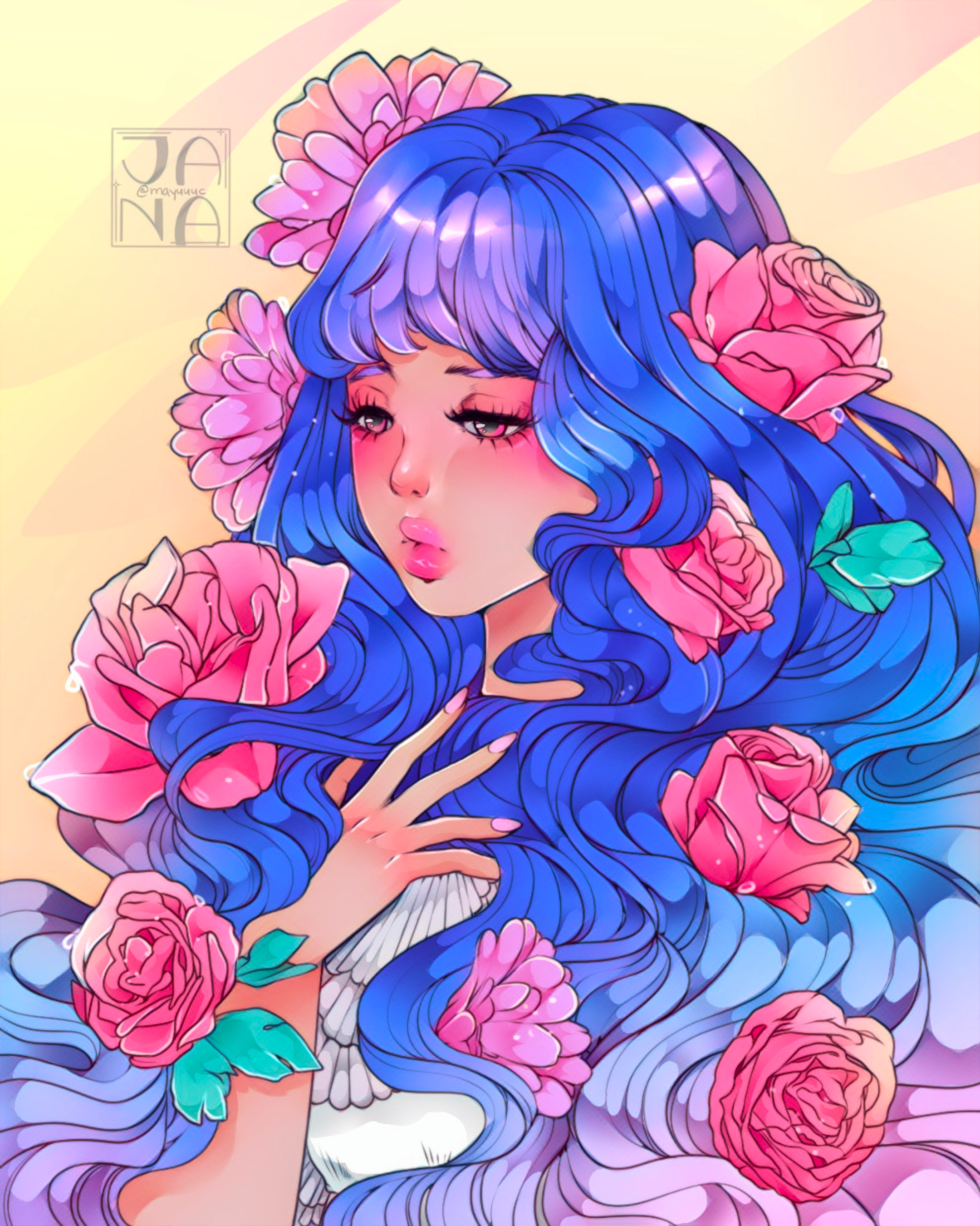 A colorful digital illustration of a woman with long, wavy blue hair adorned with pink roses and flowers. The woman has pink eyes with makeup and a serene expression.